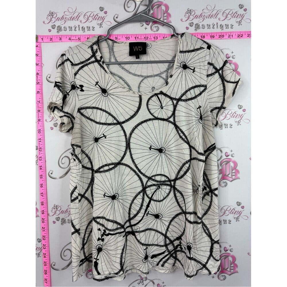 W5 T-shirt bikes Cream and Black Bicycle Wheel Print Short Sleeve Tee
